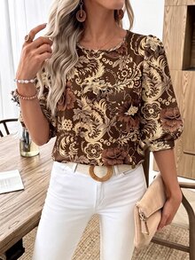 EMERY ROSE Women's Casual Boho Commute Brunch Everyday Printed Lantern Sleeve Blouse Brown Floral Autumn - Multicolor - View 5