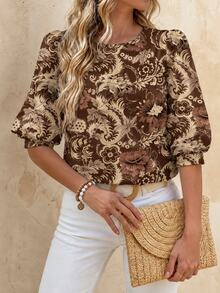 EMERY ROSE Women's Casual Boho Commute Brunch Everyday Printed Lantern Sleeve Blouse Brown Floral Autumn - Multicolor - View 2