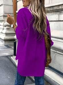 EMERY ROSE Women Solid Color Loose Front Button Long Sleeve Casual Shirts Fall Cloth For Women - Purple - View 2