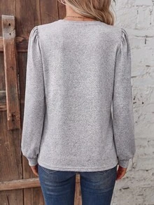 EMERY ROSE Women's Round Neck Petal Sleeve Casual T-Shirt - Light Grey - View 2
