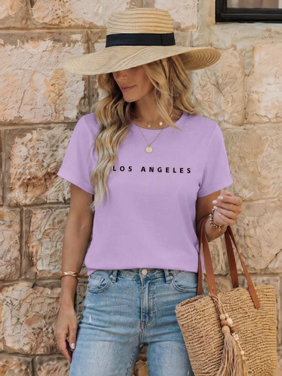 EMERY ROSE Women Simple Slogan Letter Print T-Shirt Short Sleeve Top LOS ANGELES Graphic Tees Women Tops - Purple - View 1