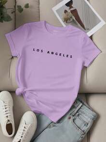 EMERY ROSE Women Simple Slogan Letter Print T-Shirt Short Sleeve Top LOS ANGELES Graphic Tees Women Tops - Purple - View 3