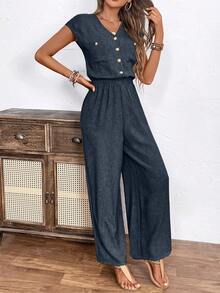 EMERY ROSE Solid Color Front Button Simple Pocket Waist Jumpsuit, Casual Daily Wear - Navy Blue - View 7