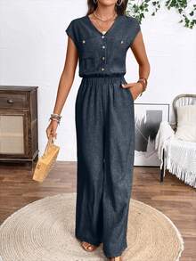 EMERY ROSE Solid Color Front Button Simple Pocket Waist Jumpsuit, Casual Daily Wear - Navy Blue - View 5