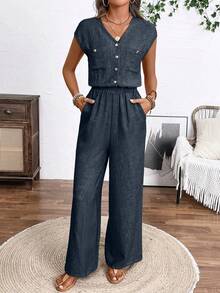 EMERY ROSE Solid Color Front Button Simple Pocket Waist Jumpsuit, Casual Daily Wear - Navy Blue - View 6