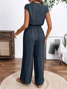 EMERY ROSE Solid Color Front Button Simple Pocket Waist Jumpsuit, Casual Daily Wear - Navy Blue - View 2