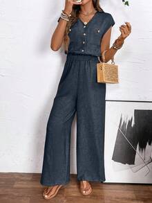 EMERY ROSE Solid Color Front Button Simple Pocket Waist Jumpsuit, Casual Daily Wear - Navy Blue - View 4