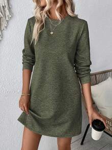 EMERY ROSE Casual Versatile Solid Color Long Sleeve Dress Fall Cloth For Women - Army Green - View 7