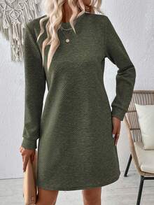 EMERY ROSE Casual Versatile Solid Color Long Sleeve Dress Fall Cloth For Women - Army Green - View 5