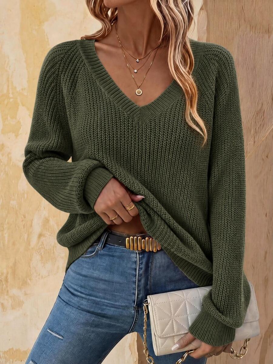 EMERY ROSE Women's Casual Versatile Solid Color Sweater, Autumn/Winter Office Brunch Olive Green