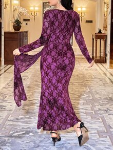 Feyla Elegant Flocked Waist-Cinched Metal Buckle Mermaid Dress - Red Violet - View 7