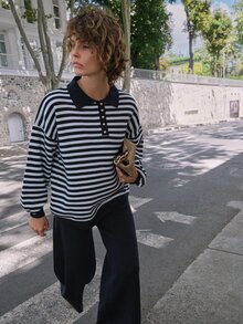 SHEIN طقم نسائي من قطعتين للراحة المنزلية: كنزة صوفية مخططة بياقة وهمية وبنطال بساق مستقيمة - أزرق بحري - مشاهدة 4