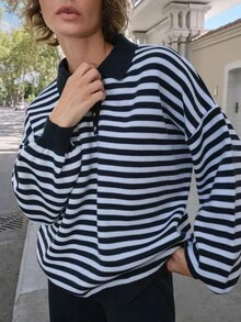 SHEIN طقم نسائي من قطعتين للراحة المنزلية: كنزة صوفية مخططة بياقة وهمية وبنطال بساق مستقيمة - أزرق بحري - مشاهدة 12