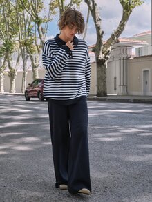 SHEIN طقم نسائي من قطعتين للراحة المنزلية: كنزة صوفية مخططة بياقة وهمية وبنطال بساق مستقيمة - أزرق بحري - مشاهدة 3