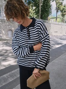 SHEIN طقم نسائي من قطعتين للراحة المنزلية: كنزة صوفية مخططة بياقة وهمية وبنطال بساق مستقيمة - أزرق بحري - مشاهدة 6
