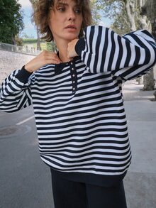 SHEIN طقم نسائي من قطعتين للراحة المنزلية: كنزة صوفية مخططة بياقة وهمية وبنطال بساق مستقيمة - أزرق بحري - مشاهدة 8