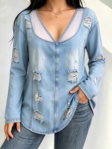 SHEIN LUNE CURVE ملابس علوية كاجوال نسائية مقاس كبير باللون الأزرق بياقة على شكل حرف V وأكمام طويلة بتصميم ممزق للخريف - متعدد الألوان - مشاهدة 6