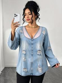SHEIN LUNE CURVE ملابس علوية كاجوال نسائية مقاس كبير باللون الأزرق بياقة على شكل حرف V وأكمام طويلة بتصميم ممزق للخريف - متعدد الألوان - مشاهدة 3