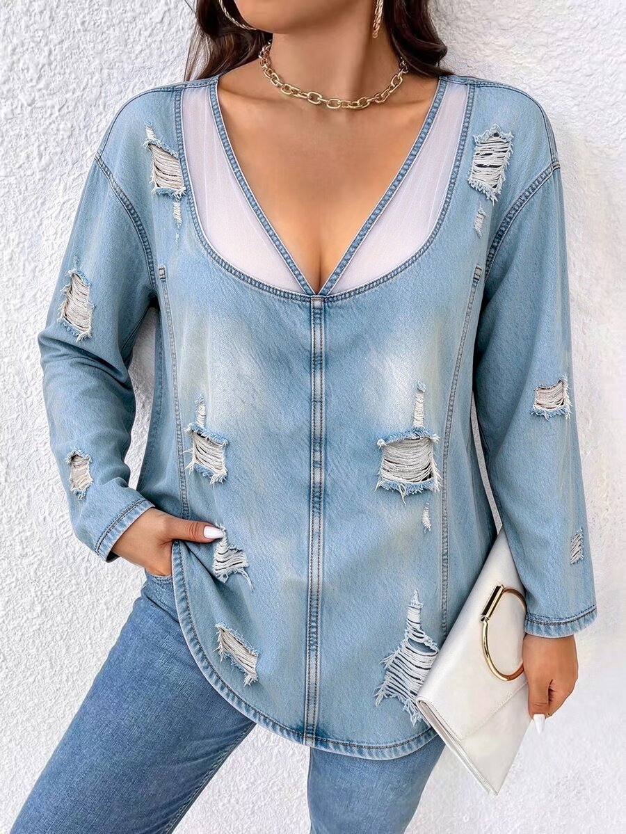 SHEIN LUNE CURVE Plus Size Women New Year Outfit V Neck Mesh Spliced Long Sleeve Top, Distressed Ripped Detail Loose Curved Hem Casual Curve Blouse - Multicolor - View 1