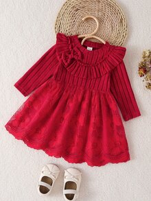 SHEIN 1件幼女甜美酒紅色蝴蝶結荷葉邊花卉刺繡長袖圓領加厚冬季節日派對公主芭蕾舞網紗蓬蓬裙 - 紅色 - 查看 10