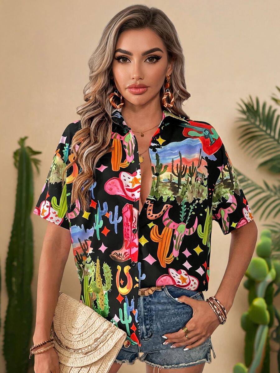 Travachic Vacation Printed Loose Casual Chiffon Blouse For Women, Summer,Short Sleeve Tops - Black - View 1
