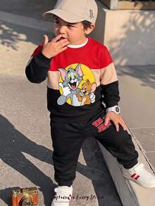 TOM & JERRY X SHEIN 2pcs Young Boys Casual Cute Pattern Themed Print Colorblock Crew Neck Long Sleeve Sweatshirt And Matching Sweatpants Set, Spring Autumn Winter - Multicolor - View 1