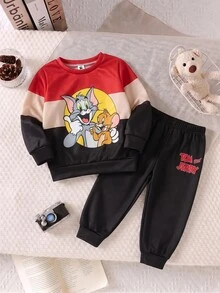TOM & JERRY X SHEIN 2pcs Young Boys Casual Cute Pattern Themed Print Colorblock Crew Neck Long Sleeve Sweatshirt And Matching Sweatpants Set, Spring Autumn Winter - Multicolor - View 3