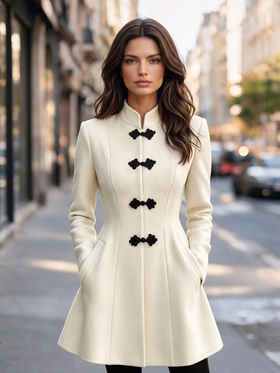 Balvessa Women's Elegant Fall Winter Off White Stand Collar Long Sleeve Woolen Coat With Black Frog Buttons, Suitable For Christmas, Halloween, New Year Party