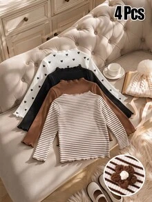 SHEIN 4pcs Girls Autumn/Winter Ribbed Solid Color, Ribbed & Heart Print Ruffle Long Sleeve Tops, Cute T-Shirts Base Layer Shirts Spring/Autumn, Versatile Fashion Tops - Multicolor - View 2