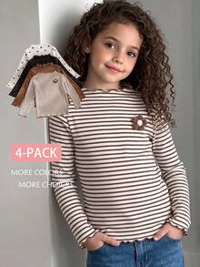SHEIN 4pcs Girls Autumn/Winter Ribbed Solid Color, Ribbed & Heart Print Ruffle Long Sleeve Tops, Cute T-Shirts Base Layer Shirts Spring/Autumn, Versatile Fashion Tops - Multicolor - View 5