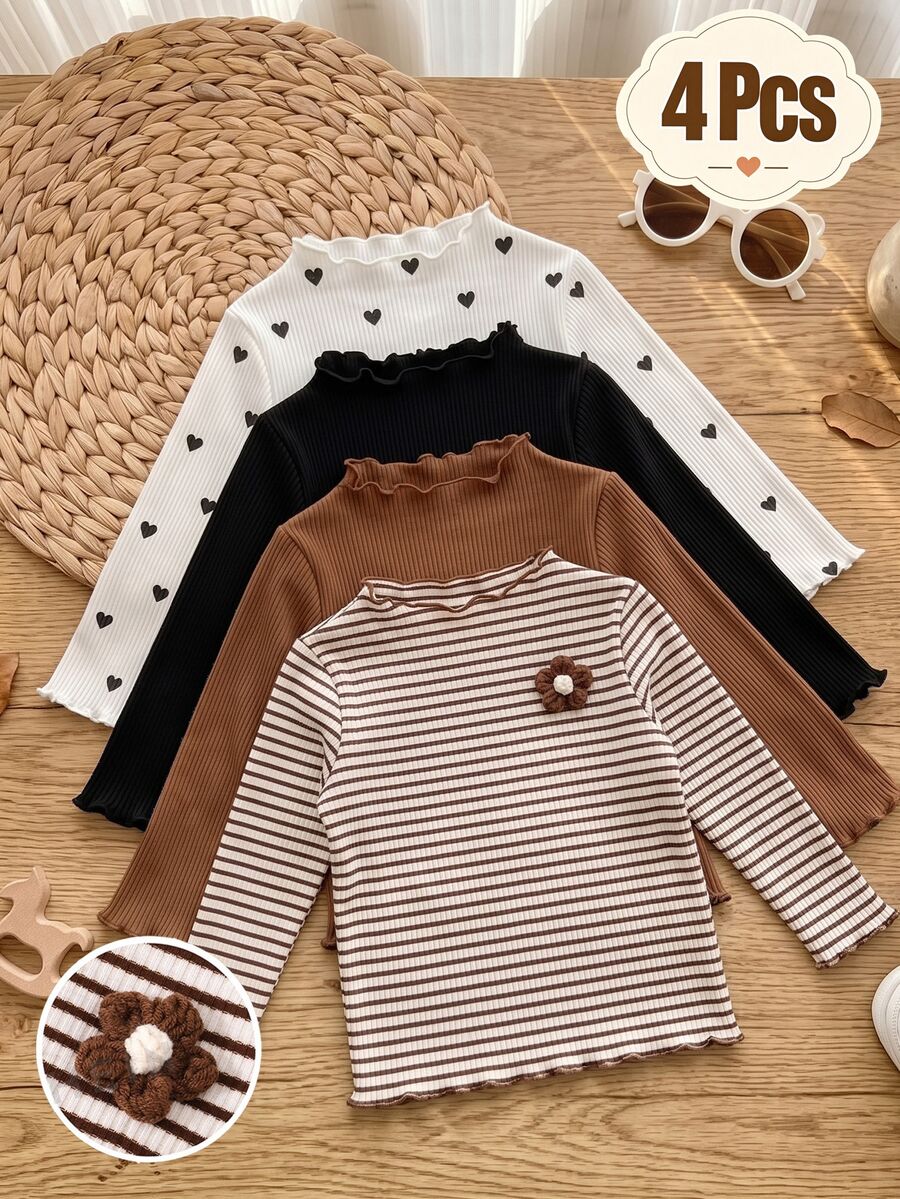 SHEIN 4pcs Girls Autumn/Winter Ribbed Solid Color, Ribbed & Heart Print Ruffle Long Sleeve Tops, Cute T-Shirts Base Layer Shirts Spring/Autumn, Versatile Fashion Tops - Multicolor - View 1