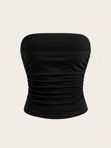 SHEIN EZwear Plus Size Ruched Tube Top, Sexy Style, Suitable For Party Wear - Black - View 2