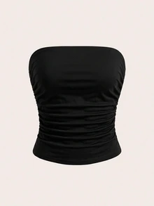 SHEIN EZwear Plus Size Ruched Tube Top, Sexy Style, Suitable For Party Wear - Black - View 5