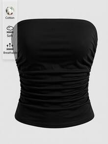SHEIN EZwear Plus Size Ruched Tube Top, Sexy Style, Suitable For Party Wear - Black - View 1