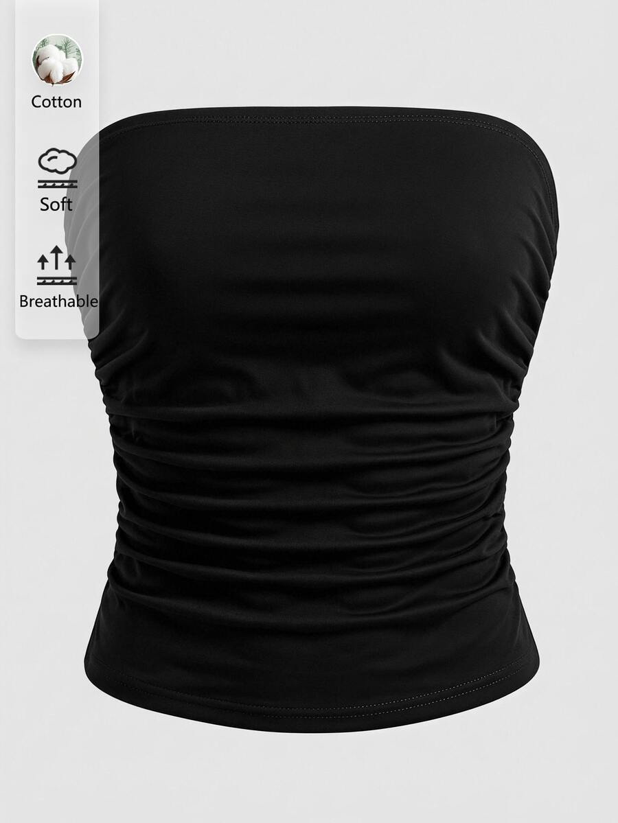 SHEIN EZwear Plus Size Ruched Tube Top, Sexy Style, Suitable For Party Wear - Black - View 1