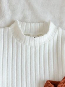 SHEIN 2件組幼兒女嬰T恤連身褲吊帶褲，可愛白色棕色米色針織燈芯絨長袖圓領前開扣貼布繡層次感保暖秋季款 - 棕色 - 查看 8