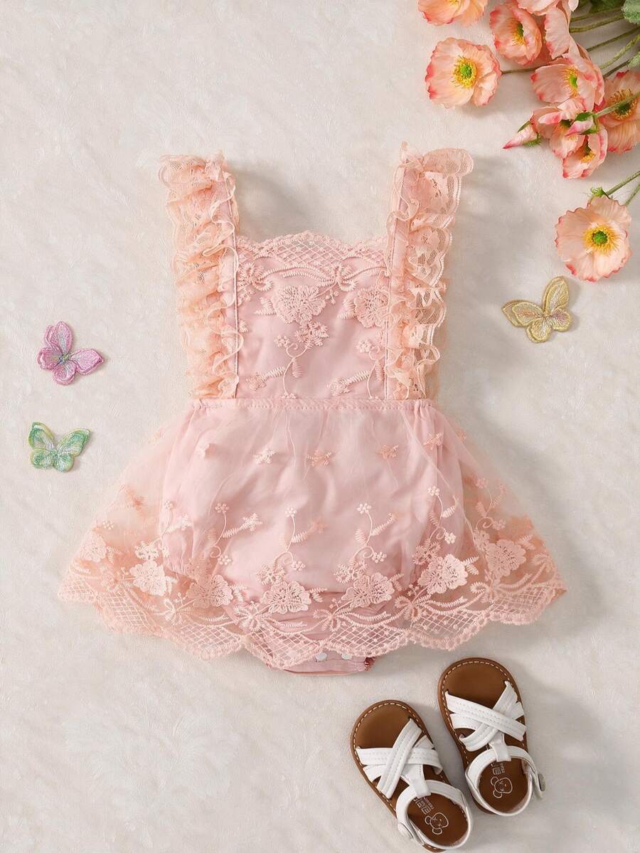 Souflis Souflis Baby Girl Ruffle Trim Embroidery Mesh Bodysuit Dress - Multicolor - View 1