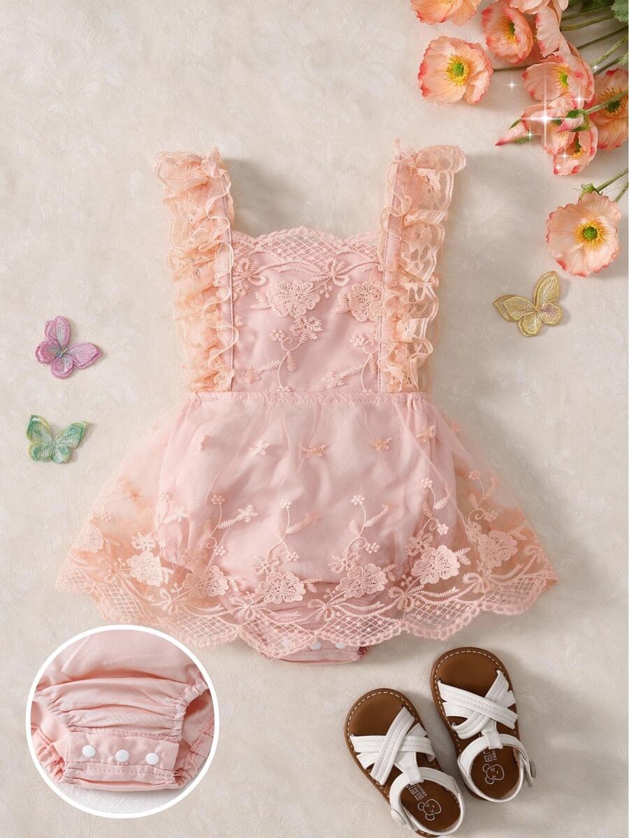 Souflis Souflis 嬰兒女孩褶邊刺繡網眼連體裙 - 彩色 - 查看 1