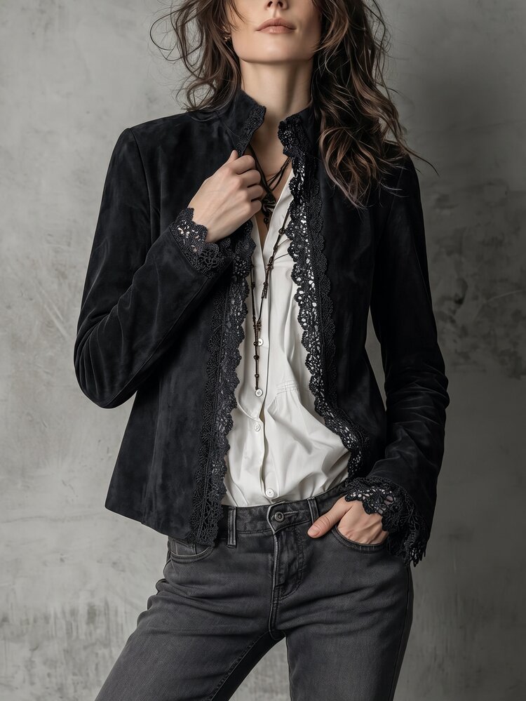 LUMIGAL Women's Solid Color Long Sleeve Contrast Lace Open Front Fashion Regular Jacket - Black - View 5
