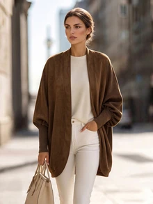 Balvessa Coffee Brown Solid Color Suede Batwing Sleeve Open Front Casual Autumn/Winter Women's Lightweight Jacket - Coffee Brown - View 1