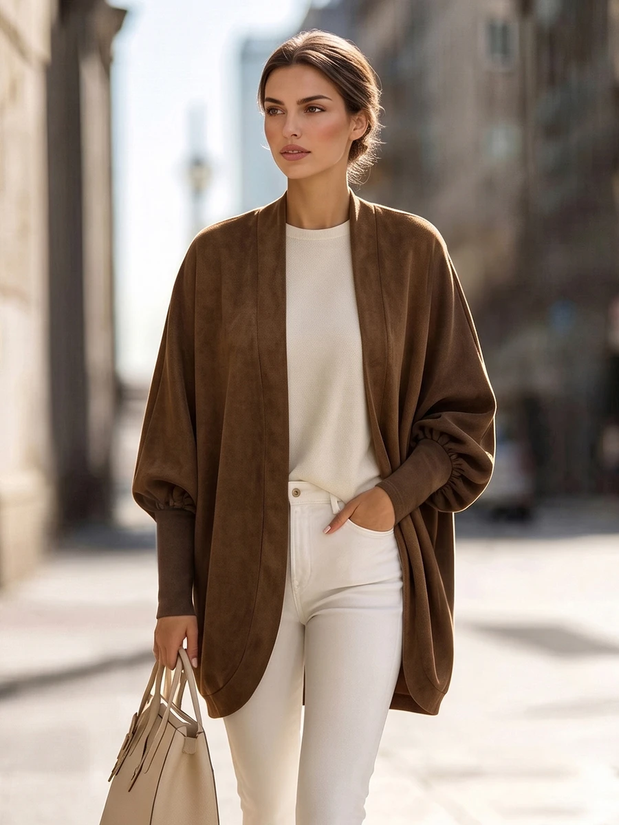Balvessa Coffee Brown Solid Color Suede Batwing Sleeve Open Front Casual Autumn/Winter Women's Lightweight Jacket - Coffee Brown - View 1