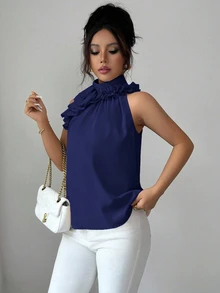 Balvessa Blusa sin mangas fruncida, intelectual y elegante - Azul Marino - Ver 4