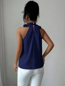 Balvessa Blusa sin mangas fruncida, intelectual y elegante - Azul Marino - Ver 2