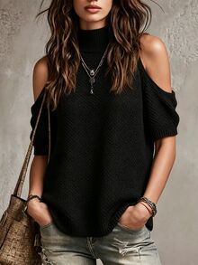 Everyssa Women's Solid Color Casual Versatile Daily Wear Knit Top - Black - View 3