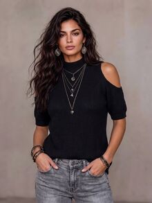 Everyssa Women's Solid Color Casual Versatile Daily Wear Knit Top - Black - View 1