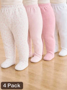 SHEIN 4件組新生女嬰衛衣連腳褲，甜美粉色白色熊刺繡條紋花卉長袖圓領加厚戶外冬季假期款 - 彩色 - 查看 1