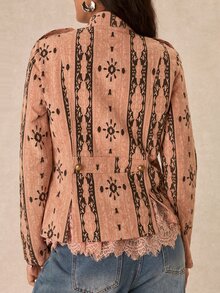 Easelle Vintage Bohemian Jacquard Embroidered Design Loose Women's Jacket - Pink - View 2