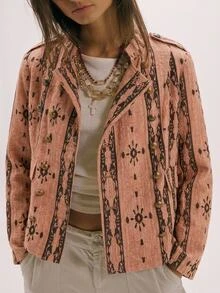 Easelle Vintage Bohemian Jacquard Embroidered Design Loose Women's Jacket - Pink - View 4