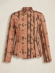 Easelle Vintage Bohemian Jacquard Embroidered Design Loose Women's Jacket - Pink - View 7