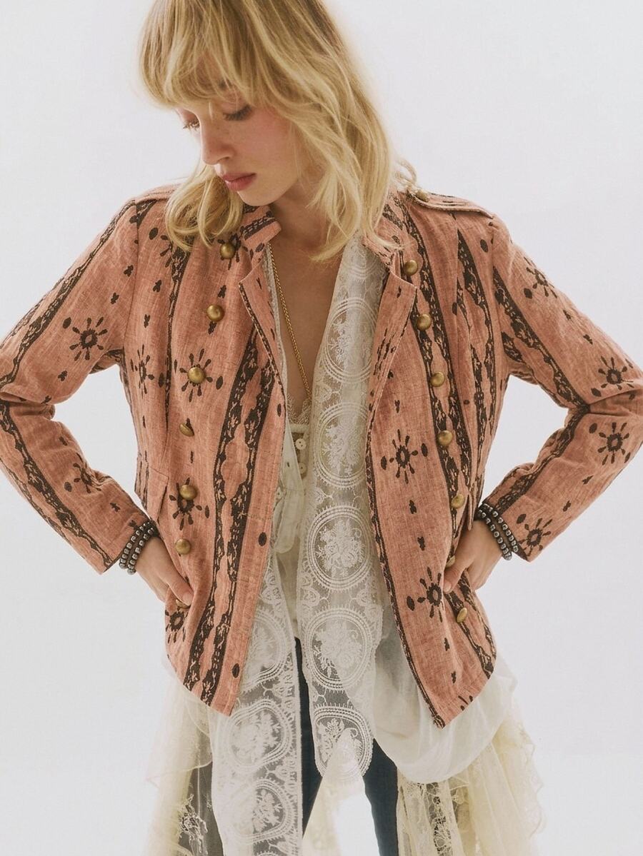 Easelle Vintage Bohemian Jacquard Embroidered Design Loose Women's Jacket - Pink - View 1